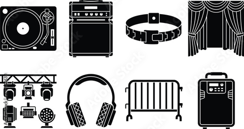 Music Concert and Live Performance Glyph Icon Set Featuring Turntable Amplifier Headphones Stage Curtains Spotlights Wristband Crowd Barrier and Portable Speaker