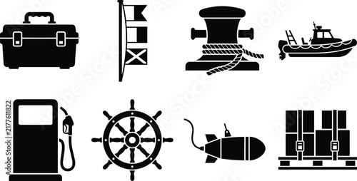 Nautical and maritime equipment icon set featuring toolbox ship flags mooring cleat motorboat fuel pump ship wheel torpedo and cargo pallet vector graphics