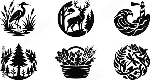 Nature and wildlife vector emblem set featuring heron deer lighthouse ocean wave pine forest harvest basket and dragonfly flora