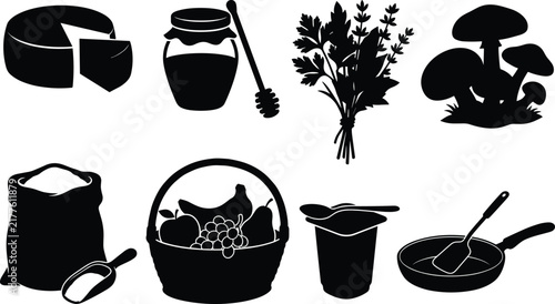 Organic Farm Food and Kitchenware Vector Icon Set Featuring Cheese Honey Herbs Mushrooms Flour Fruit Basket Yogurt and Frying Pan