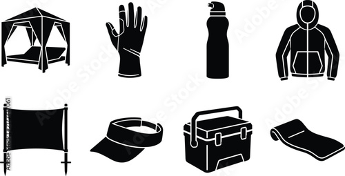 Outdoor Camping and Beach Gear Black Vector Icon Set Featuring Gazebo Glove Water Bottle Hoodie and Portable Cooler