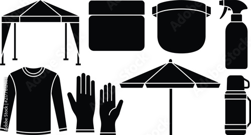Outdoor Protection and Work Gear Black Vector Icon Set Featuring Canopy Tent Sunscreen Gloves Visor Umbrella and Thermos