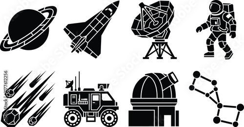 Space Exploration Glyph Icon Set Featuring Astronaut Rocket Saturn Satellite Dish Rover Observatory Meteor Shower and Constellation Graphic Elements