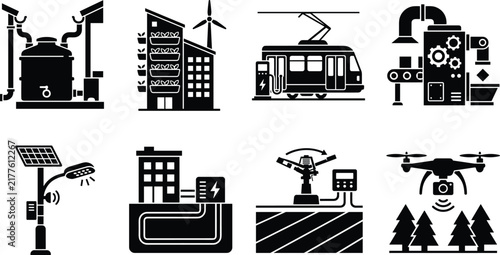 Smart City Technology and Green Energy Black Vector Icon Set Featuring Solar Lighting Electric Transport Drone and Irrigation