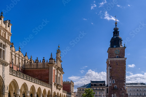 Cloth Hall and Town Hall Tower on Main Market Square in Krakow, Poland