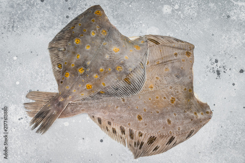 Obraz na płótnie Whole flounder flatfish with spotted skin on rustic tray with pepper on light ba