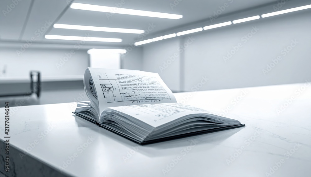Obraz premium Open Scientific Journal with Technical Diagrams and Text Pages on a Table
