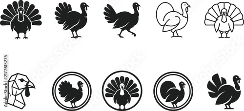 Collection of stylized turkey icons in various poses and forms for Thanksgiving or farm themes