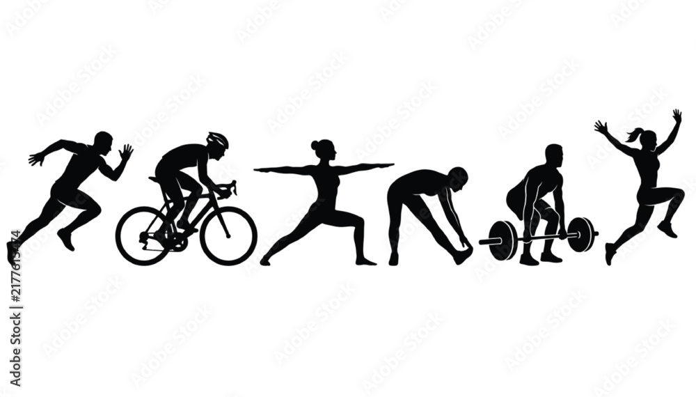 Fototapeta premium Silhouettes of athletes exercising in a horizontal line depicting various physical activities and sports training movements isolated on a white background for design.