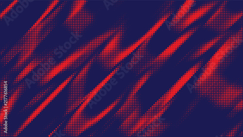 Abstract halftone artwork speedy motion, featuring vibrant red and orange dotted waves sweeping diagonally across a deep navy background with energetic flowing movement.