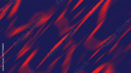 Abstract halftone artwork speedy motion, featuring vibrant red and orange dotted waves sweeping diagonally across a deep navy background with energetic flowing movement.