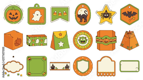Halloween Hand-drawn Halloween icons and labels isolated. Ghost, pumpkin, bat, cat, spider in vintage style. Packaging, name tags, frames. Orange, green, cream colors. Editable EPS Halloween