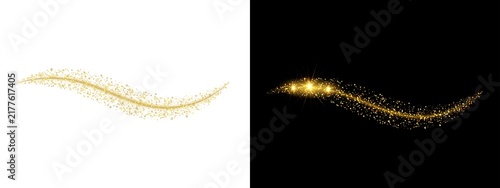 Golden glitter wave with sparkles, luxury magic dust trail, glowing particles flow, abstract light effect for festive design, isolated on transparent background