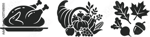 Roasted turkey cornucopia and autumn leaves in flat design style