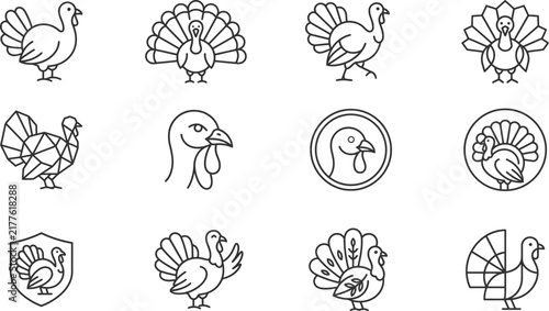 Stylized turkey icons with diverse poses in a clean line art collection for holiday themes