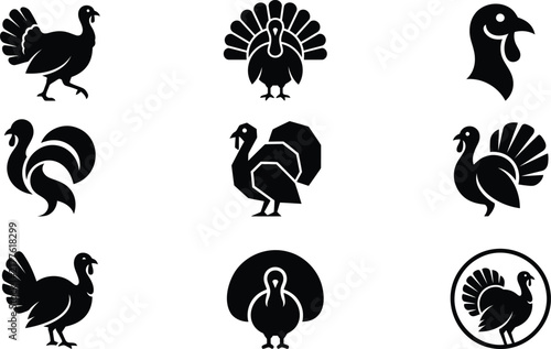 Set of stylized turkey silhouettes in various poses and forms against a white background