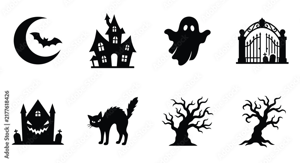 Fototapeta premium Halloween themed icons featuring bats houses and trees in silhouette