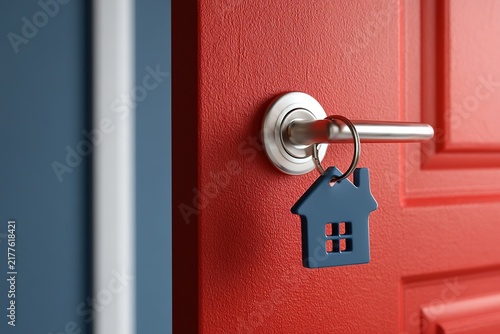 modern house key with blue keychain on red door, closeup of entry access for new home ownership concept.
