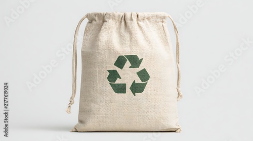 Eco-friendly canvas drawstring bag with a green recycle symbol isolated on white background. Sustainable packaging concept for eco-conscious brands and green living.
