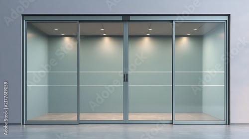 Modern automatic glass sliding doors open to an empty illuminated showroom. Use for architectural design concepts and business entryway visualization.