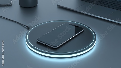 A smartphone resting on a modern glowing circular wireless charger on a desk. Concept for sleek technology and efficient battery power solutions.