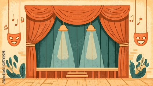 A flat vector illustration of an empty stage with orange curtains and spotlight beams. Ideal for theater arts, performance events, and educational drama concepts.