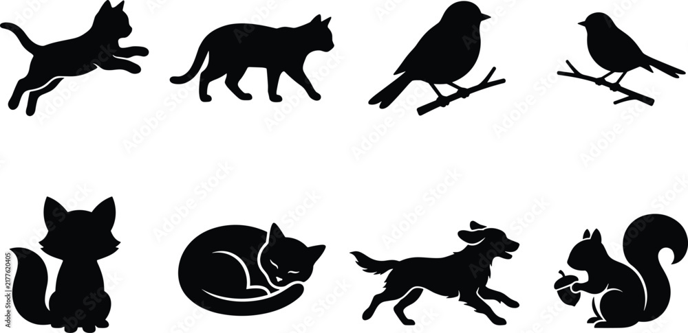 Obraz premium Animal and Bird Silhouette Collection with Wild Nature Creatures