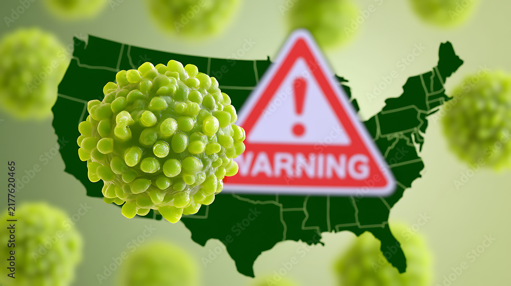 Obraz premium A conceptual medical illustration showing a dangerous green virus cell with a warning sign over a country map background for health crisis