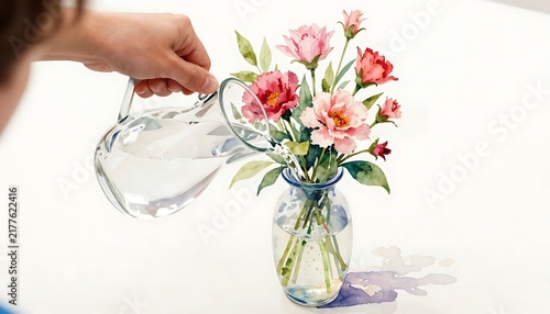 Watercolor painting of a man pours water from a carafe into a vase with flowers