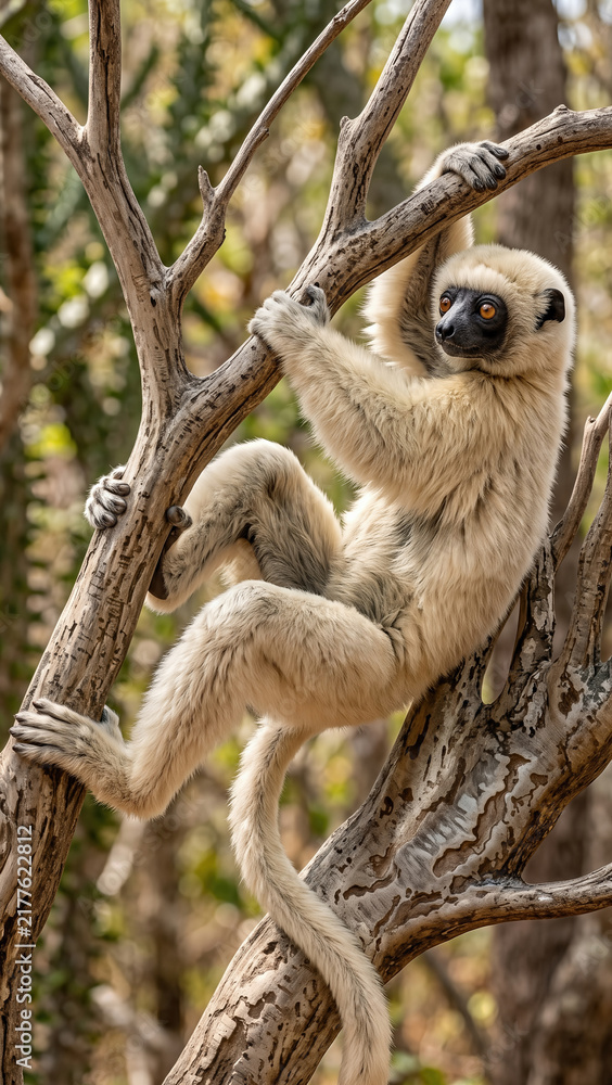 Obraz premium Verreaux's sifaka, Propithecus verreauxi, clinging to tree branch in Madagascar forest
