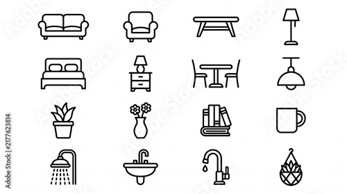 Household icons — furniture, décor, and cleaning tools arranged in a minimalist grid, symbolizing everyday home life and organization in simple black line style.