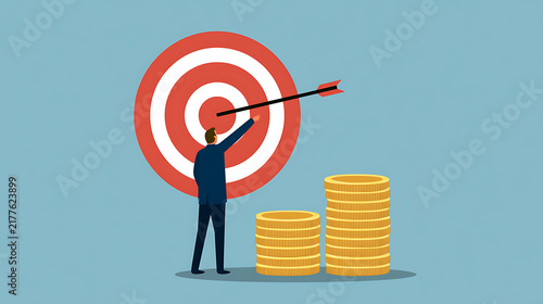 A business person hits the center of a red target with an arrow near stacked gold coins, symbolizing goal achievement and profit grow