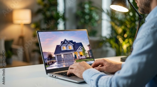 Real estate agent conducting a virtual home tour on a laptop in a modern home office.