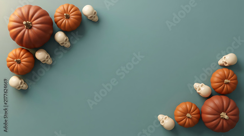Orange pumpkins and small white skulls arranged as a festive Halloween border on a blue green background