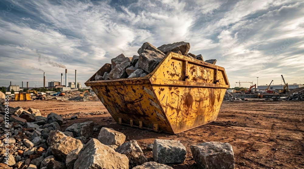 Fototapeta premium Rusty yellow skip container full of rocks at a construction and demolition site.