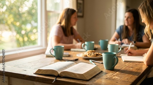 Plakat A group of women gather at a wooden table for Bible study with tea and cookies.