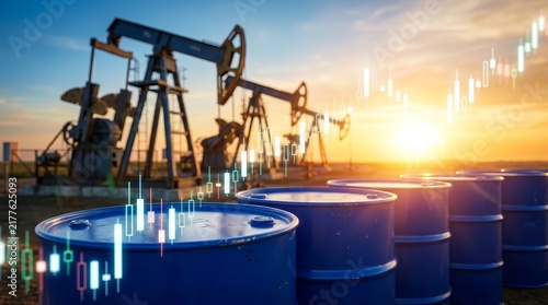 Blue oil drums lined up in front of pumpjacks with financial stock market chart overlays.
