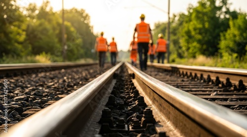 Industrial workers in hard hats and safety vests walk along railway lines.