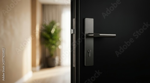 Modern black armored apartment door left slightly ajar with a close up on the metal handle.