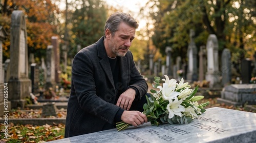Sad Grieving Middle Aged Man Kneeling at a Grave Placing a Bouquet of White Lilies on a Headstone