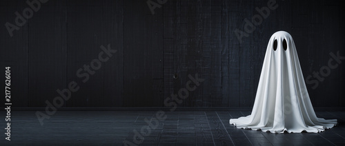 Canvastavla Classic white sheet ghost standing on dark wooden floor