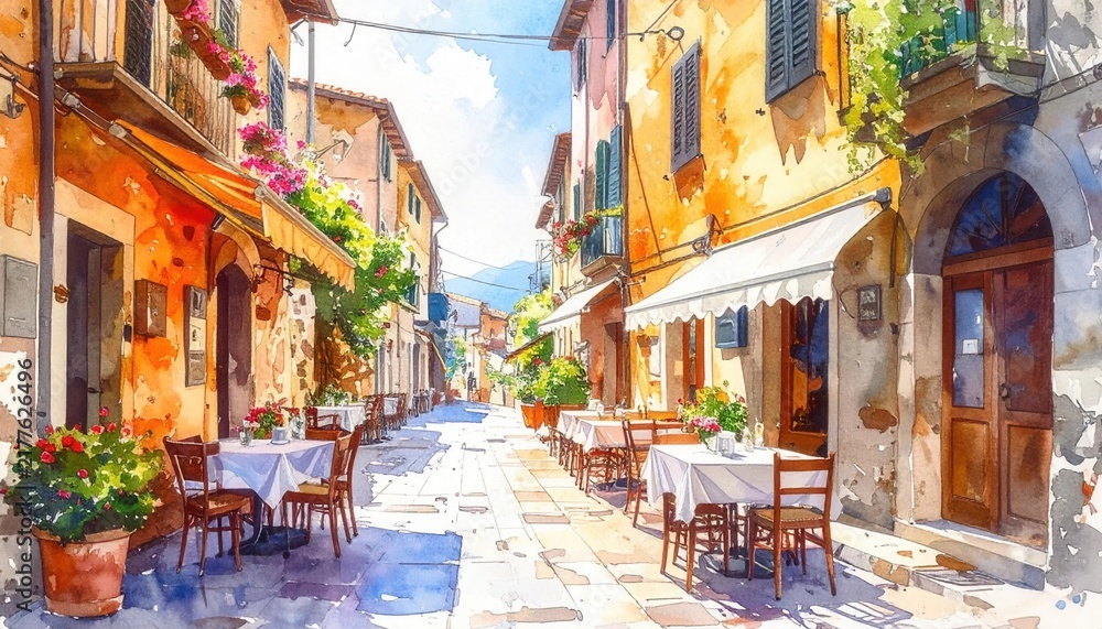 Obraz premium Historic Italian village street café scene with outdoor dining tables and vibrant Mediterranean flowers in watercolor style