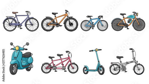 Collection of various bicycles and scooters in a cartoon style
