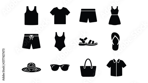 Картината върху платно Black and White Flat Icons Set Featuring Summer Beachwear and Accessories