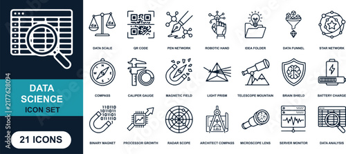 Bild auf Leinwand Data Science Icon Set: A collection of 21 linear icons representing various aspects of data science, including analysis, tools, and concepts, presented on a dark background