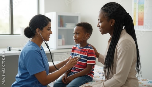 South Asian female pediatrician examining a young boy with a stethoscope accompanied closely by his supportive mother in a clinic room