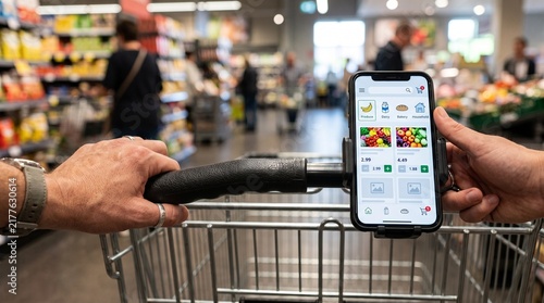 Customer uses smartphone app to shop in a modern supermarket aisle with a shopping cart
