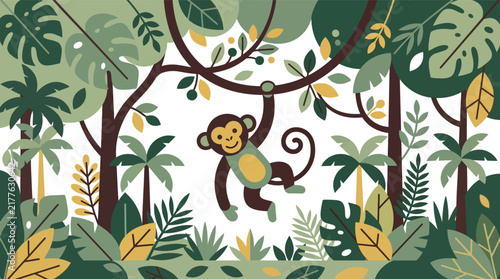 Photography Cute monkey hanging from a jungle tree branch in a tropical forest with colorful