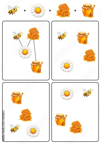 Connect the matching pattern worksheet with bee honey daisy and honeycomb pictures for preschool visual learning activity