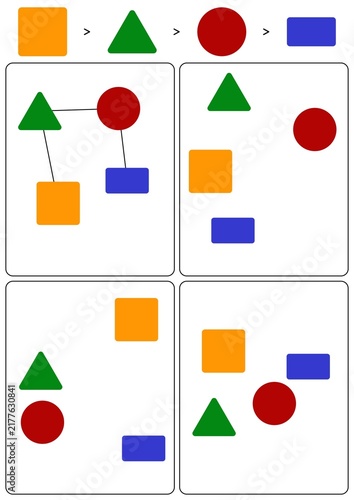 Connect the matching colorful geometric shapes worksheet with four visual pattern activities for children